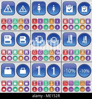 Warning, Silhouette, Survey, SIM card, Smartphone, Haircut, Lock, One, Discount. A large set of multi-colored buttons. Vector illustration Stock Vector