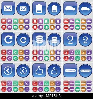 Message, Battery, Car, Reload, Database, Two, Arrow left, Like, 3D Printing. A large set of multi-colored buttons. Vector illustration Stock Vector