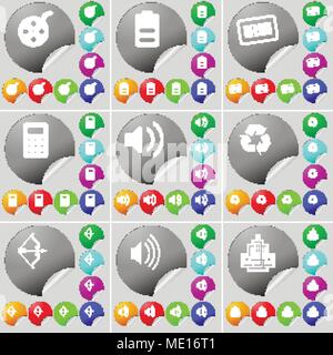 Videotape, Battery, Bar code, Calculator, Sound, Recycling, Bow, Sound, Building sign icon. A set of seventy two colorful round buttons, stickers. Vec Stock Vector