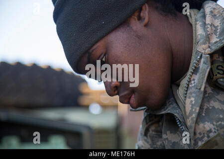 U.S. Army Pfc. Kiersten Letang a Multiple Launch Rocket System (MLRS) repairer with B Battery, 1st Battalion, 38th Field Artillery Regiment, 2nd Infantry Division/ROK-US works on an M993 Carrier Vehicle in South Korea, Dec. 8, 2017. Repairers are trained to quickly troubleshoot and fix the MLRS in any enviroment to ensure mission readiness at all times. (U.S. Army photo by Staff Sgt. Carl Greenwell) Stock Photo