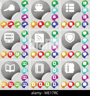 Ink pot, Ship, List, Server, RSS, Shield, Book, Notebook sign icon. A set of seventy two colorful round buttons, stickers. Vector illustration Stock Vector