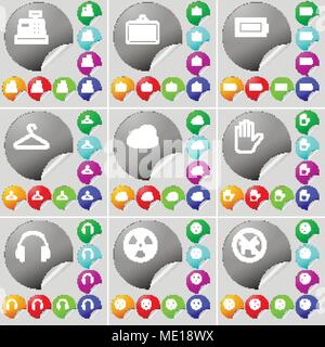 Cash register, Sold, Battery, Hanger, Cloud, Hand, Headphones, Radiation, Not pets allowed sign icon. A set of seventy two colorful round buttons, sti Stock Vector