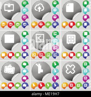 Monitor, Cloud, File, Graph, Arrow left, Bed-table, Rent, Silhouette, Stop sign icon. A set of seventy two colorful round buttons, stickers. Vector il Stock Vector