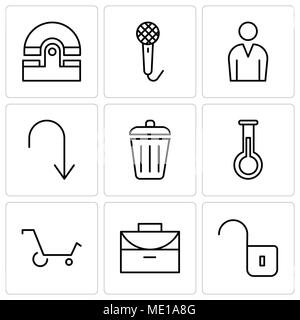 Set Of 9 simple editable icons such as Unlocked padlock, Office briefcase, Shopping cart, Erlenmeyer Flask, Dustbin, Arrow pointing to down, Male avat Stock Vector