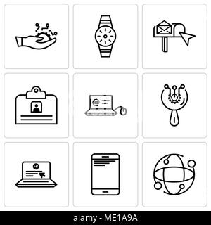 Set Of 9 simple editable icons such as Earth globe, Smartphone, Laptop and mail, Access, Mail in laptop, Contact ID Card, email box, Smartwatch, Devel Stock Vector