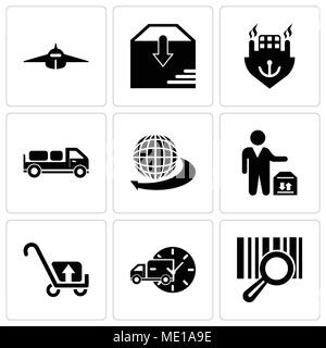 Set Of 9 simple editable icons such as Barscode with a magnifier business, Delivery truck with circular clock, Package transport for delivery, Man sta Stock Vector