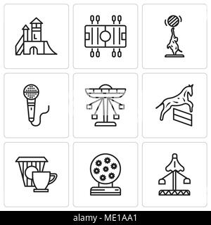 Set Of 9 simple editable icons such as Fair, Magic ball, Coffee, Horse, Carousel, Microphone, Elephant, Soccer, Playground, can be used for mobile, we Stock Vector