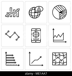 Set Of 9 simple editable icons such as Stock, Data analytics descending, Analytic, Data graphic, Mobile phone globally connected, Nodes connections in Stock Vector
