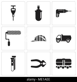 Set Of 9 simple editable icons such as train, nipper, capsule, truck, header, roller, drill, gas can, puncher, can be used for mobile, web UI Stock Vector