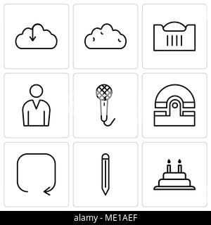 Set Of 9 simple editable icons such as Cake with candles, Edit tool, Update arrow, Old phone, Voice recorder, Male avatar, Shopping basket, Cloud, Dow Stock Vector