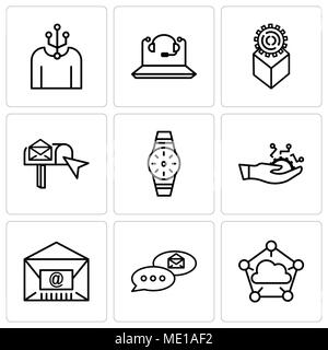 Set Of 9 simple editable icons such as Cloud computing, email chat, Mail, Development, Smartwatch, email box, Development, Call Center, Human, can be  Stock Vector