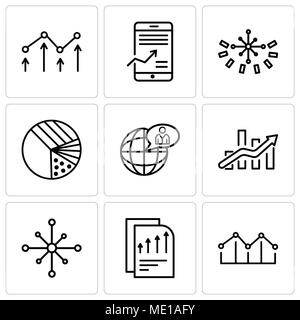 Set Of 9 simple editable icons such as Increasing bars, Bars chart page, Data analytics wheel, Bars chart, Global user, Pie graphic with four areas, D Stock Vector