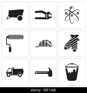 Set Of 9 simple editable icons such as colour bucket, hammer, truck, tie, header, roller, Chemical, adjustable spanner, dray, can be used for mobile,  Stock Vector