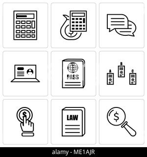 Set Of 9 simple editable icons such as lens, law book, click, folder, passport, laptop, chat, money calculator, calculator, can be used for mobile, we Stock Vector