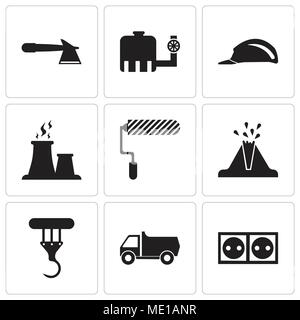 Set Of 9 simple editable icons such as socket, truck, crane, volcano, roller, fabric steam, header, water tank, hatchet, can be used for mobile, web U Stock Vector