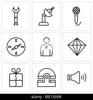 Set Of 9 simple editable icons such as Mute speakers, Old phone, Bookmark, Diamond, Male avatar, Compass, Voice recorder, Satellite dish, Wrench, can  Stock Vector