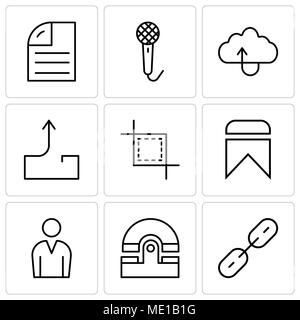 Set Of 9 simple editable icons such as Chain links, Old phone, Male avatar, Bookmark, Cropping tool, Outbox send mail, Uploading files to the cloud, V Stock Vector