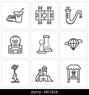 Set Of 9 simple editable icons such as Popcorn, Playground, Elephant, Parachute, Chess, Gum, Saxophone, Soccer, Hot dog, can be used for mobile, web U Stock Vector