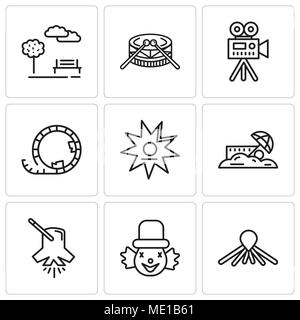 Set Of 9 simple editable icons such as Balloon dog, Clown, Lighting, Sand, Walk of fame, Roller coaster, Video camera, Drums, Park, can be used for mo Stock Vector