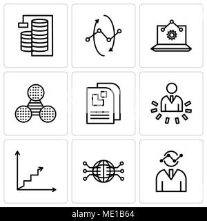 Set Of 9 simple editable icons such as Human graphics, Globe Connected Circuit, Data analytics ascending, User data analytics, Data page, Pie graphic  Stock Vector