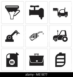 Set Of 9 simple editable icons such as battery, bag, oil container, autotruck, pump, jenny, lorry, crane, funnel, can be used for mobile, web UI Stock Vector