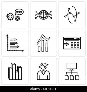 Set Of 9 simple editable icons such as Data flow, Human graphics, Stream graphic, Data export with an arrow, Bars and data analytics, Analytics, Data  Stock Vector