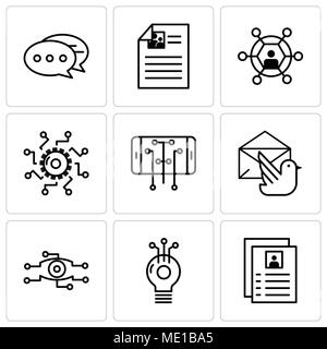 Set Of 9 simple editable icons such as Flyer, Idea, Analysis, Mail bird, Smartphone, Settings, User, Chat, can be used for mobile, web UI Stock Vector