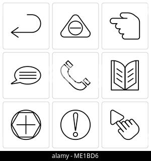 Set Of 9 simple editable icons such as Selection Tool, Caution, Add tool, Open book, Headphones, Speech bubble with text, Hourglass, Subtracting butto Stock Vector