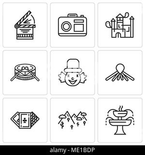 Set Of 9 simple editable icons such as Fountain, Mountains, Casino, Balloon dog, Clown, Drums, House, Camera, Clapperboard, can be used for mobile, we Stock Vector
