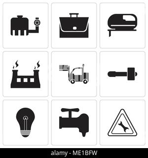 Set Of 9 simple editable icons such as wrench, crane, bulb, hammer, lorry, fabric & steam, grinder, bag, tipper, can be used for mobile, web UI Stock Vector
