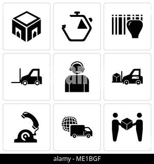 Set Of 9 simple editable icons such as Delivery worker giving a box to a receiver, International logistics delivery truck, Telephone, Delivery transpo Stock Vector
