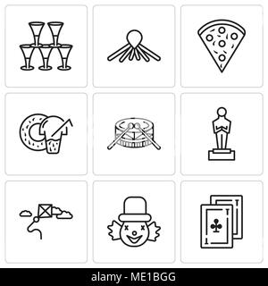 Set Of 9 simple editable icons such as Cards, Clown, Kite, Oscar, Drums, Donut, Confetti, Balloon dog, Glasses, can be used for mobile, web UI Stock Vector