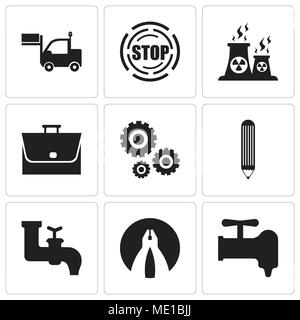 Set Of 9 simple editable icons such as crane, flat plyer, faucet, pencil, settings, bag, fabric, stop, lorry, can be used for mobile, web UI Stock Vector