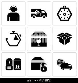 Set Of 9 simple editable icons such as International logistics delivery truck, Locked package, Packages storage for delivery, Package for delivery, De Stock Vector