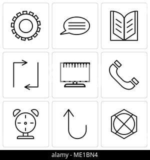 Set Of 9 simple editable icons such as Arrow pointing to up, Cancel button, Alarm clock, Headphones, Television, Update arrows, Open book, Speech bubb Stock Vector