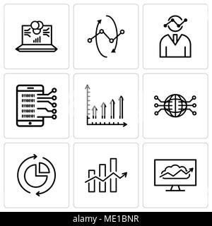 Set Of 9 simple editable icons such as Cloud Analysis, Decreasing stocks bars, Data analysis pie chart, Globe Connected Circuit, Mobile phone text dat Stock Vector
