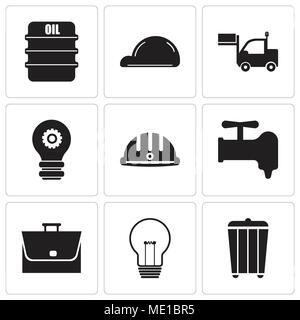 Set Of 9 simple editable icons such as trash, bulb, bag, crane, hard hat, setting lamp, lorry, helmet, oil, can be used for mobile, web UI Stock Vector