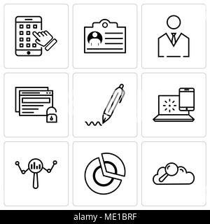 Set Of 9 simple editable icons such as Search data, pie chart, search, internet, pen, unlock, business man, document, iphone, can be used for mobile,  Stock Vector