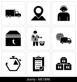 Set Of 9 simple editable icons such as Three sto boxes for delivery, Verification of delivery list clipboard, Chronometer, International logistics del Stock Vector