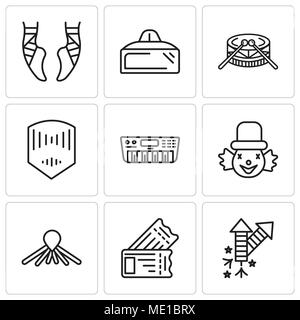 Set Of 9 simple editable icons such as Fireworks, Tickets, Balloon dog, Clown, Synthesizer, Mask, Drums, Vr glasses, Ballet, can be used for mobile, w Stock Vector