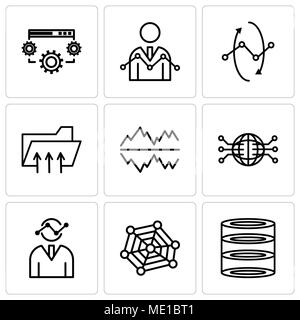 Set Of 9 simple editable icons such as data analytics, radar chart with pentagon, Human graphics, Globe Connected Circuit, Text settings bubble, Conne Stock Vector