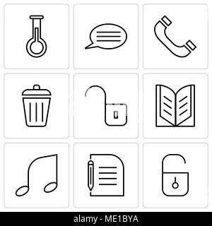 Set Of 9 simple editable icons such as Locked padlock, Piece of paper and pencil, Musical note, Open book, Unlocked padlock, Dustbin, Headphones, Spee Stock Vector