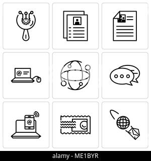 Set Of 9 simple editable icons such as email planet, Stamp, Smartphone and laptop, Chat, Earth globe, Mail in laptop, Flyer, Access, can be used for m Stock Vector