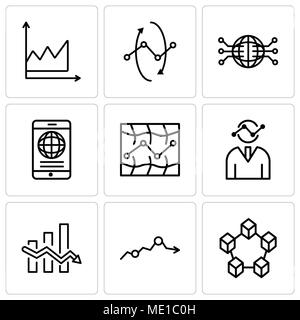 Set Of 9 simple editable icons such as Data interconnected, Missing data on analytics, Data analytics descendant, Human graphics, Stock, Mobile phone  Stock Vector