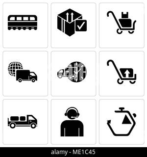 Set Of 9 simple editable icons such as Chronometer, Call center worker with headset, Delivery truck with packages behind, Package transport for delive Stock Vector