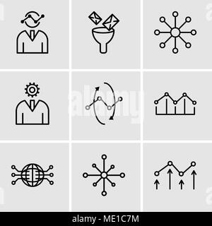 Set Of 9 simple editable icons such as Decreasing chart, Data analytics wheel, Globe Connected Circuit, Increasing bars, Data analytics interface circ Stock Vector