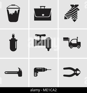 Set Of 9 simple editable icons such as nipper, drill, hammer, lorry, crane, gas can, tie, bag, colour bucket, can be used for mobile, web UI Stock Vector