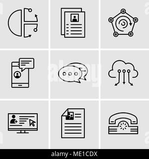 Set Of 9 simple editable icons such as Telephone, Reading mail on laptop, Cloud computing, Chat, Chat in smartphone, Radar, Flyer, Cube, can be used f Stock Vector