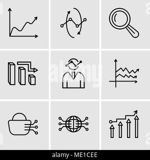 Set Of 9 simple editable icons such as Binary Processed Mobile Analysis, Globe Connected Circuit, Stock dealing, variable, Human graphics, 3d data ana Stock Vector
