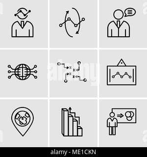Set Of 9 simple editable icons such as Person explaining data, Targeting, 3d pie chart graphic, Data analytics screen, Strategy sketch, Globe Connecte Stock Vector